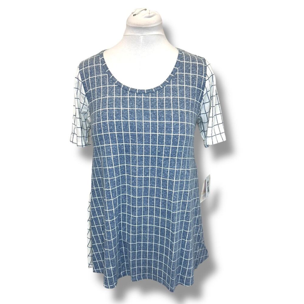 LuLaRoe Women’s Perfect T Tunic, Blue/White Colorblock Check, size S